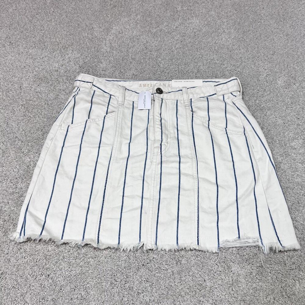 American Eagle Skirt High Rise A Line Ivory Blue Striped Pockets Women’s 6 NWT